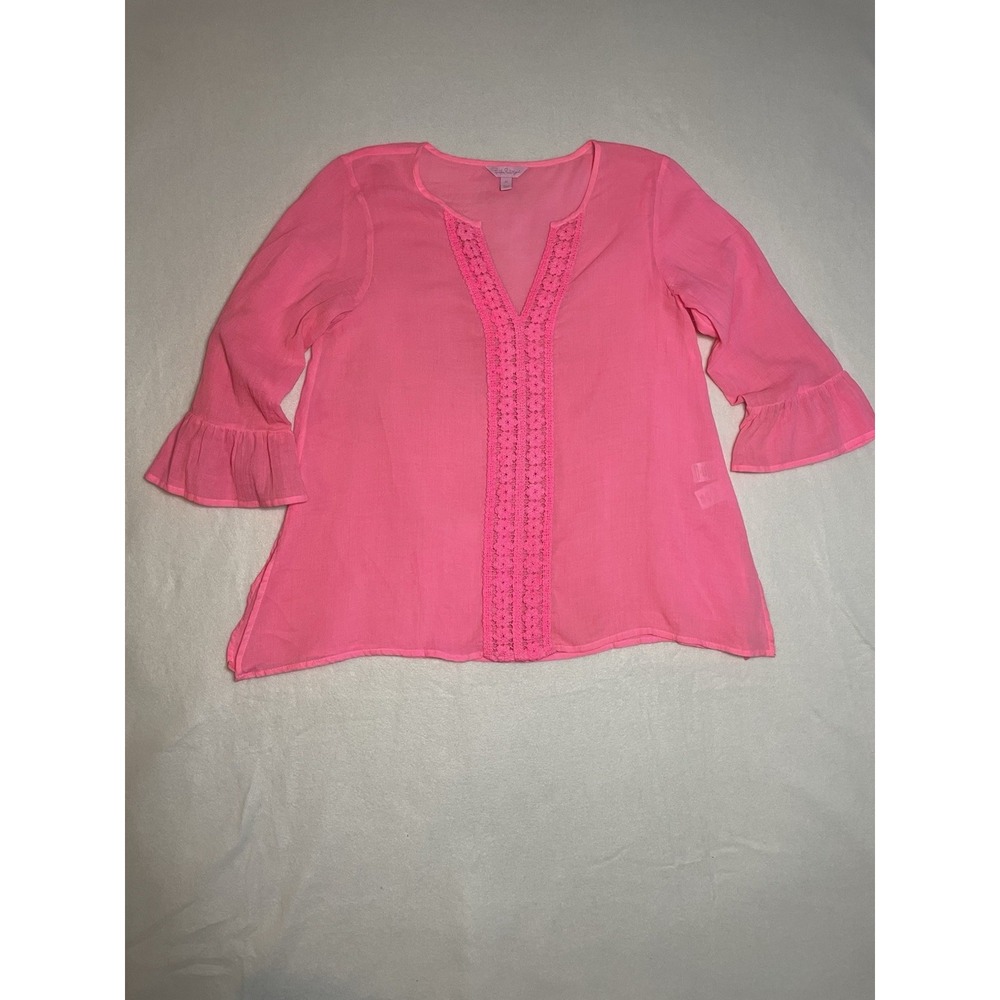 Lily Pulitzer Womens Pink Top Bell Sleeves Size M Embroidered Flowers